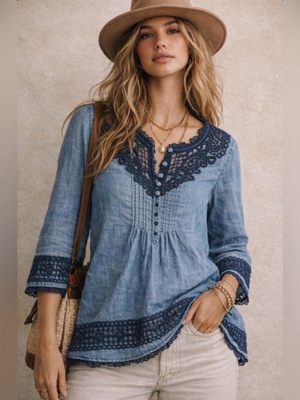 HOLDING HORSES Blue Chambray Peasant Top with Navy Crochet Trim